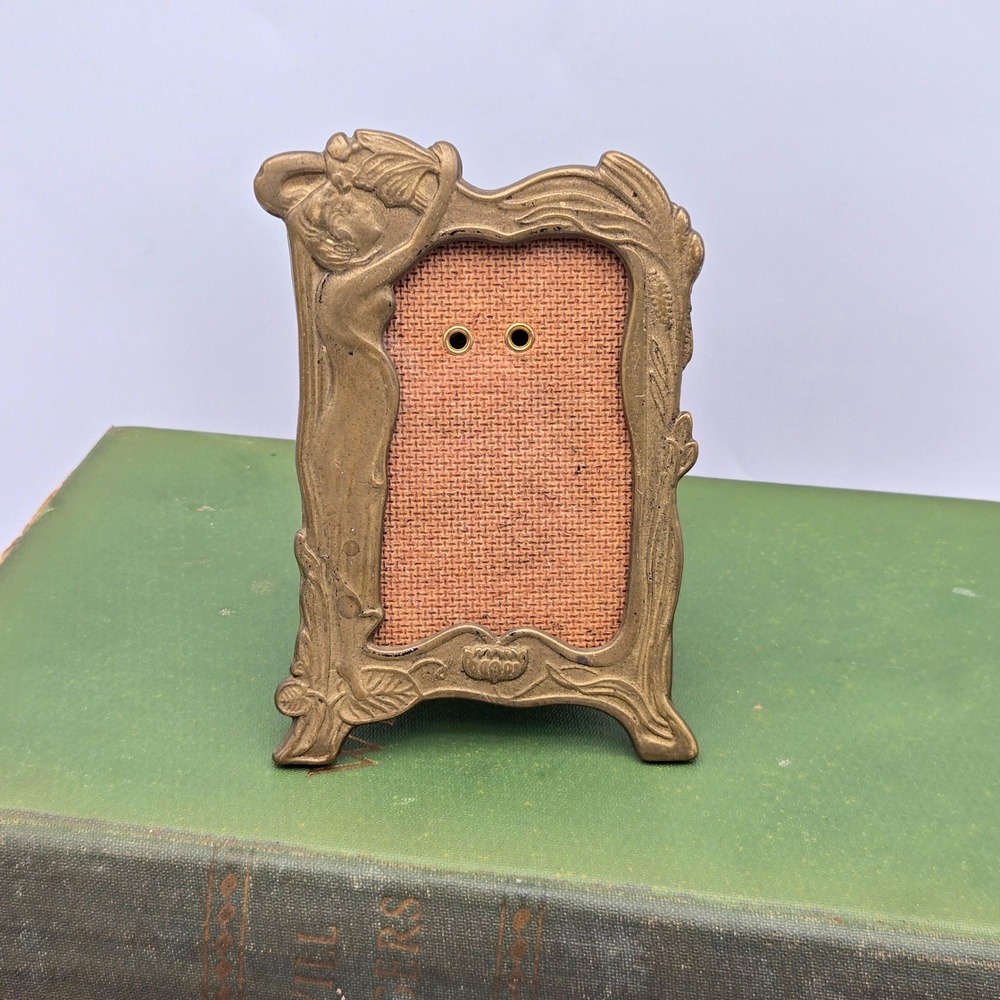 Vintage Solid Brass Picture Frame Art Nouveau Lady Floral Small Table Top 4x3"